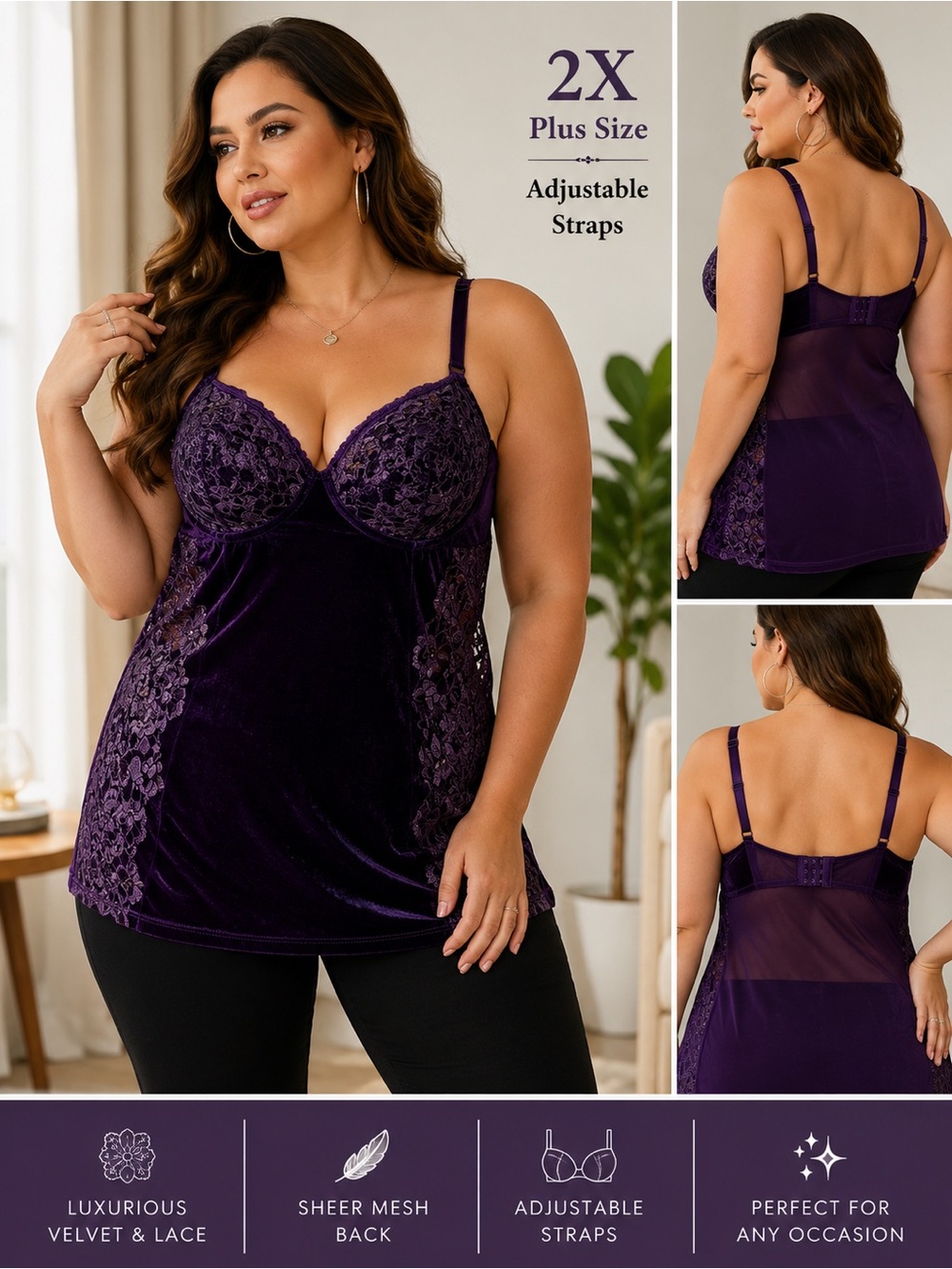 Velvet Lace Purple Sheer Back Babydoll Coquette Top Adjustable Hook & Straps 2X